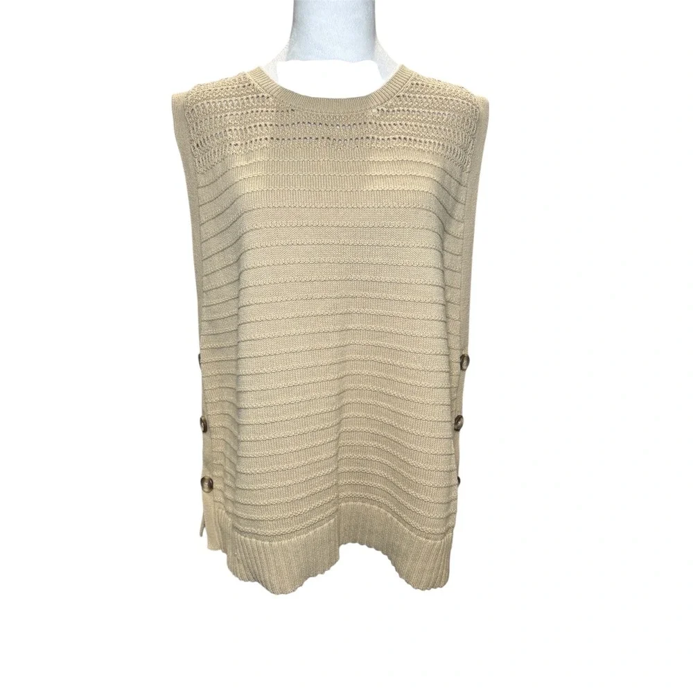 Chico's Beige Taupe Cotton Linen Sweater Vest 3‎ XL Side Button Layers Preppy